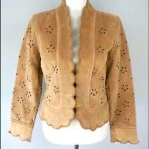 Margaret Godfrey suede leather jacket eyelet laser cut camel tan scallop edge